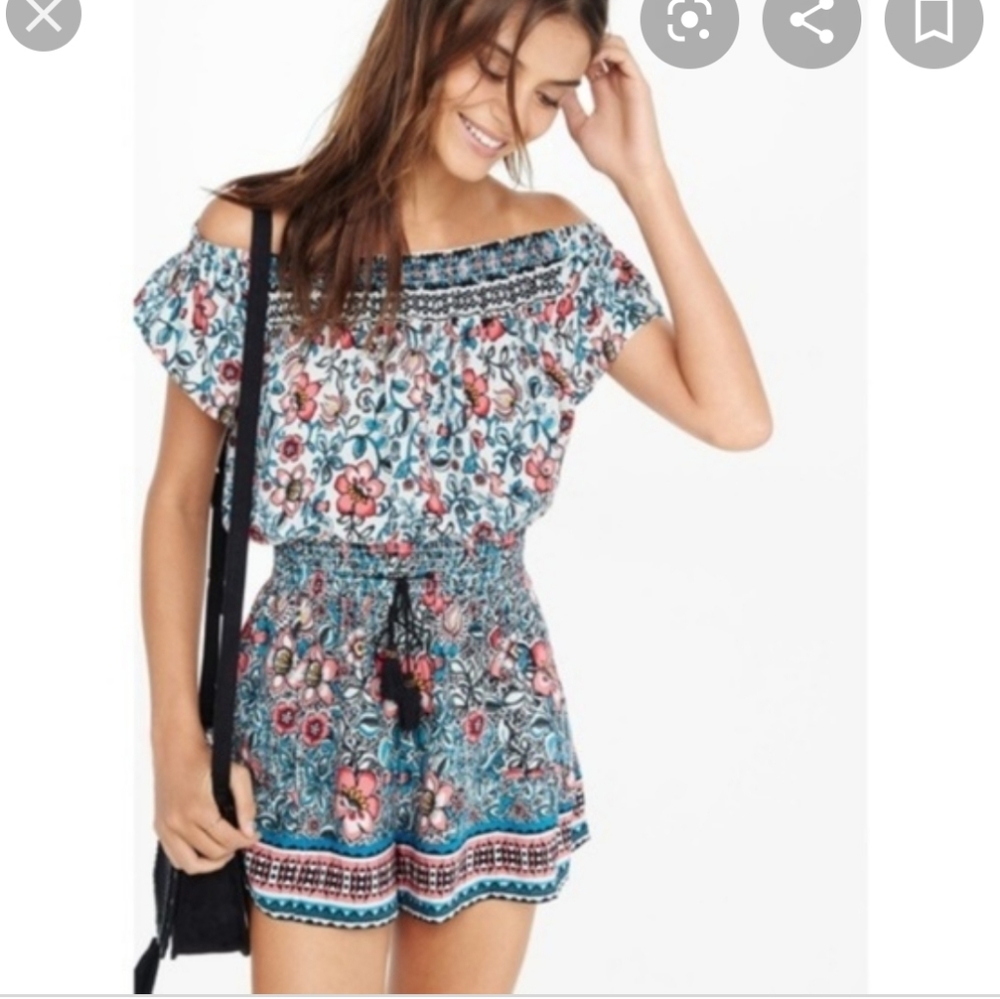 Express Folksy Floral Print Off Shoulder Romper